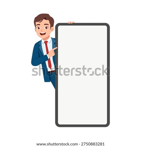 Friendly Asian Businessman Smiling Pointing at Blank Smartphone Screen with Joyful Expression