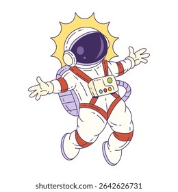 Friendly astronaut mascot character in a spacesuit flying with outstretched arms in space with sunlight shining behind helmet. Perfect for themed projects. Vector illustration