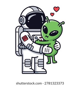 Friendly astronaut in white space suit embracing cute green alien with hearts floating above