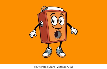 Friendly audio speaker mascot vector illustration with a smiling face, isolated on a clean background. Modern flat cartoon design representing music, sound systems, multimedia, entertainment, audio technology, and electronic devices. Ideal for branding, websites, mobile applications, educational materials, advertising, social media, presentations, stickers, and technology-related creative projects.