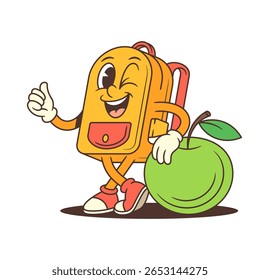 Friendly backpack character with crossed legs, a thumbs-up gesture, and a winking smile, leaning on a green apple. Ideal for educational materials, school promotions, or fun learning visuals