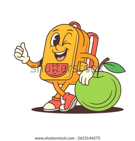 Friendly backpack character with crossed legs, a thumbs-up gesture, and a winking smile, leaning on a green apple. Ideal for educational materials, school promotions, or fun learning visuals
