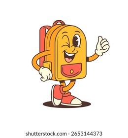 Friendly backpack mascot gives a thumbs up and winks with cheerful energy, radiating approval and positivity. Ideal for messaging, motivation, or learning content. vector illustration