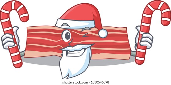 Friendly bacon dressed in Santa Cartoon character with Christmas candies