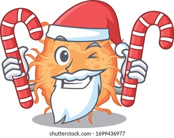 Friendly bacteria endospore in Santa Cartoon character holds Christmas candies