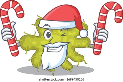 Friendly bacterium in Santa Cartoon character holds Christmas candies