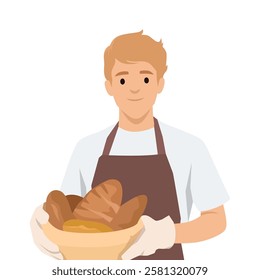 Friendly Baker Holding Freshly Baked Bread. Young baker wearing an apron and gloves. Flat vector illustration isolated on white background