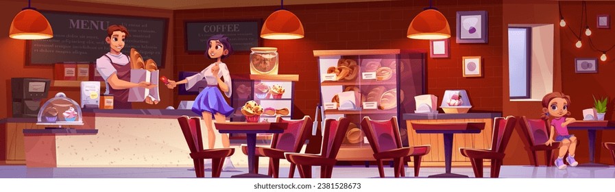 Panadería amigable vendiendo pan al cliente en una cafetería moderna con repostería fresca en estanterías. Dibujo vectorial de la panadería, pasteles dulces, muffins, galletas en exhibición, niñita en la mesa de la cafetería