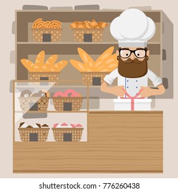 Friendly baker standing in front of shelf with pastry. Baker at bakery shop. Baker is tying bow-knot on the box with cakes. Vector flat design illustration. Square layout.