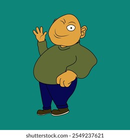 A friendly, bald cartoon man is waving with a smile. He is wearing a green sweater, blue jeans, and brown shoes.