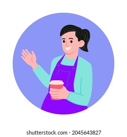 Friendly barista with coffee cup vector illustration. Coffee shop concept. Flat style design. Colorful graphics