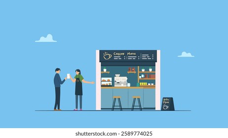 Friendly barista holds a menu and invites cusotmers to stop by the coffee shop. Small business, entrepreneur concept.