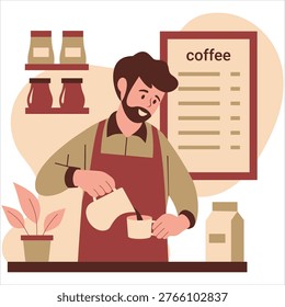 Friendly Barista Preparing Fresh Coffee Behind Counter Modern Flat Vector Illustration