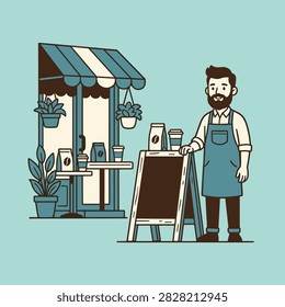 A friendly barista stands proudly outside his local artisan coffee shop