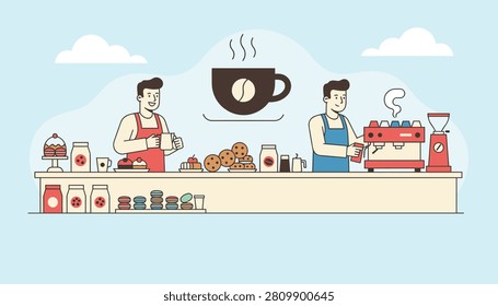 Friendly baristas preparing delicious coffee and serving fresh cookies behind a modern cafe counter with bakery items.