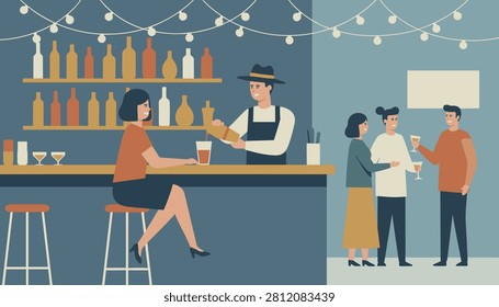 Friendly bartender in apron and hat pouring drink for female customer at bar counter while group of friends socializes.