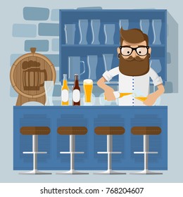 Friendly bartender standing in front of shelf with glasses. Bartender at beer pub pouring beer in the glass. Vector flat design illustration. Square layout.