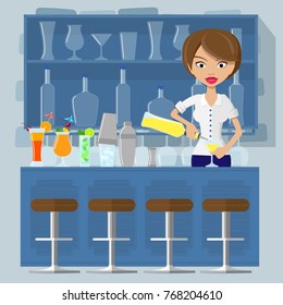 Friendly bartender standing in front of shelf with glasses and bottles. Bartender at cocktail pub. Bartender is pouring martini in the glass. Vector flat design illustration. Square layout.