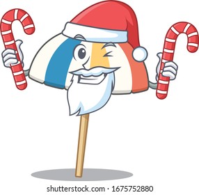 Friendly beach umbrella in Santa Cartoon character having candies