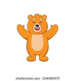 Friendly bear cartoon character smiling and greeting sticker. Cute funny forest animal laughing and raising paws flat vector illustration isolated on white background. Wildlife, emotions concept
