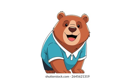 Personagem de Urso Amigável em Camisa Azul Sorrindo Entusiasticamente