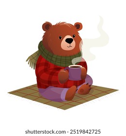 Friendly Bear in a Cozy Flannel Jacket Holding Hot Beverage Vector Illustration, perfect for autumn or winter-themed designs, and cozy storytelling.