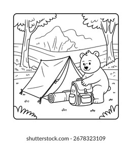 Friendly bear prepares for camping adventure with backpack and tent sleeping bag
