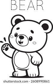 Friendly bear waving in a cute cartoon style. Black-and-white line drawing for children’s coloring fun.