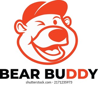 Friendly Bear Wearing Cap Cartoon Monoline Outline Logo Vector Icon Illustration