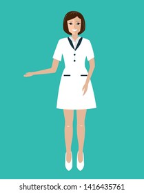 Friendly and beauty smiling woman doctor inviting clients to the clinic. Flat vector illustration isolated on blue.