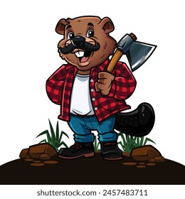 Friendly Beaver Vector Mascot with Plaid Jacket and Axe