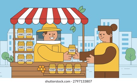 Friendly beekeeper in protective clothing selling organic honey jars at a wooden street market stall to a customer.