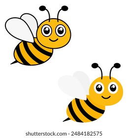 Friendly bees set in different style. Cartoon happy flying bees with big kind eyes. Insect character. Vector isolated on white.