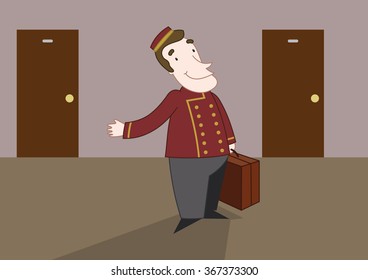 Friendly Bellhop carrying a suitcase