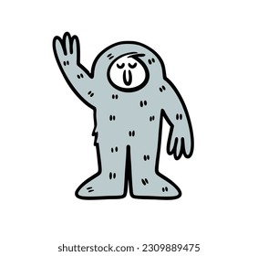 Friendly bigfood waving rising up hand and greetings. Vector illustration of wild character from legends. Isolated hand drawn image on white background.