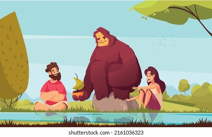Friendly bigfoot sailing toy boat on river with happy man and woman cartoon vector illustration