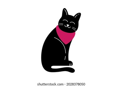 Friendly black cat sitting and wearing a bandana