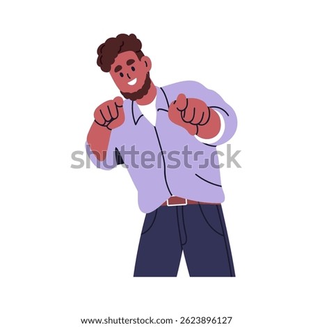 Friendly black man choosing you with pointing finger, hand gesture. Smiling happy person indicating candidate, recruiting, picking, enrolling. Flat vector illustration isolated on white background