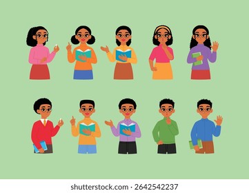 friendly black man and black woman character hold book, smile male and female teacher wear eyeglasses and teaching, pointing hand, presenting, be quiet, raising and waving hand isolated illustration