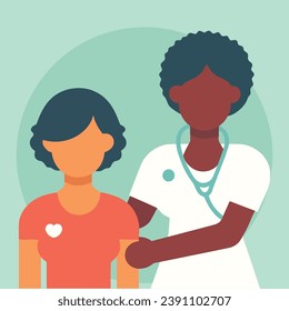 friendly black skin female African curly hair practitioner doctor comfort women cancer patient character flat vector illustration avatar concept, medical person consulting young patient visit treating