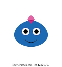 A friendly blue cartoon character with big eyes and a pink hat.