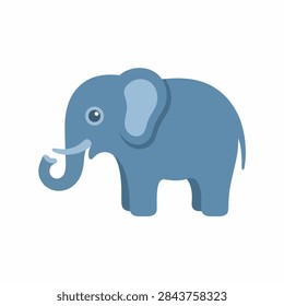 A friendly blue cartoon elephant with white tusks and eyes standing alone on a plain background
