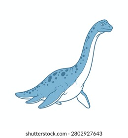 A friendly blue cartoon plesiosaur with dark blue spots and a long neck is depicted against a plain white background. The marine reptile features a gentle expression, large flippers, and a smooth, rounded body design. This high-quality vector-style illustration is perfect for children's educational materials, books, or prehistoric-themed designs.