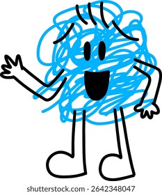Friendly blue doodle monster waving. Cute and shy hand-drawn scribble character saying hello