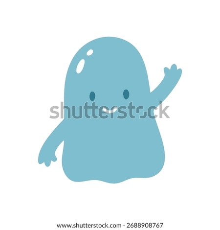 Friendly Blue Ghost Character Waving. This adorable graphic depicts a genial phantom in a pale azure hue, extending a welcoming hand. It symbolizes warmth and friendliness for various cheerful.