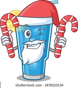 Friendly blue lagoon cocktail dressed in Santa Cartoon character with Christmas candies