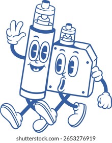 Uma amigável ilustração de desenho animado de arte de linha azul com dois mascotes de fita sentados lado a lado.