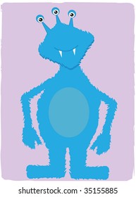 Friendly Blue Monster Plumply three eyed furry fantasy creature child-like