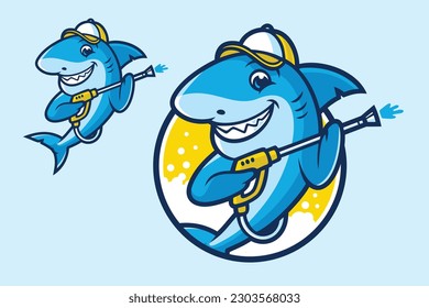 Friendly Blue Shark Mascot Holding a car wash wand - Vector Illustration