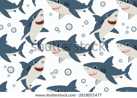 Friendly blue sharks swim through bubbles in a seamless vector wallpaper pattern designed for children products and marine themes.